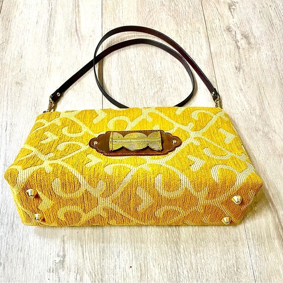 ADD LIBB Gold & Tan Tapestry Leather & Brass Clutch Shoulder Bag - Picture 6 of 9